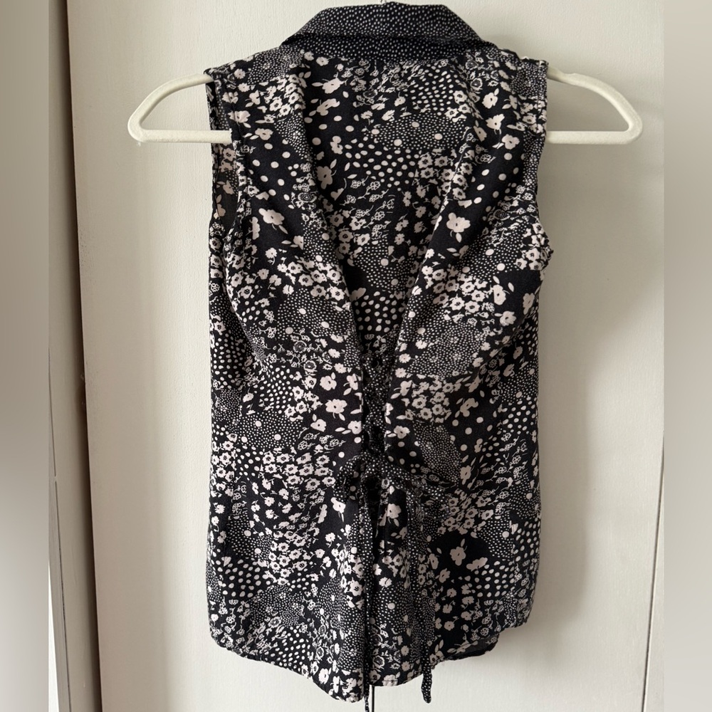 Y2K tie waist top Vintage Pinky Black Floral Button-Up Blouse w Corset Back Ties - Picture 8 of 10